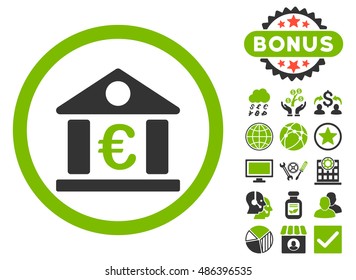 Euro Bank Building icon with bonus symbols. Vector illustration style is flat iconic bicolor symbols, eco green and gray colors, white background.