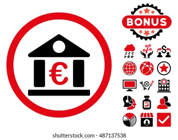 Euro Bank Building icon with bonus design elements. Vector illustration style is flat iconic bicolor symbols, intensive red and black colors, white background.