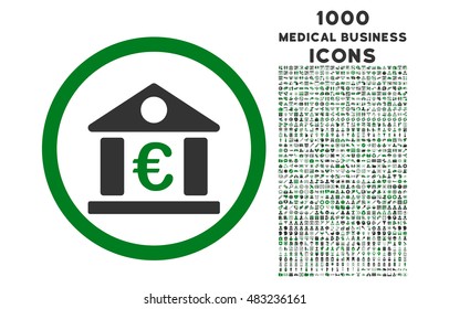 Euro Bank Building rounded vector bicolor icon with 1000 medical business icons. Set style is flat pictograms, green and gray colors, white background.