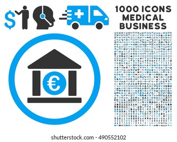 Euro Bank icon with 1000 medical business gray and blue vector design elements. Design style is flat bicolor symbols, white background.