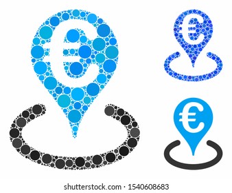 Euro bank map marker mosaic of circle elements in different sizes and color tints, based on Euro bank map marker icon. Vector circle elements are organized into blue illustration.