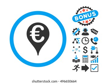 Euro Bank Map Pointer icon with bonus images. Vector illustration style is flat iconic bicolor symbols, blue and gray colors, white background.