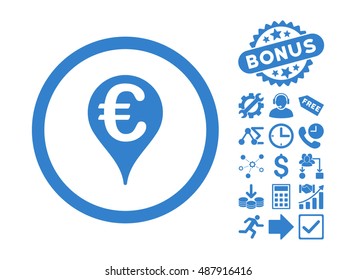 Euro Bank Map Pointer pictograph with bonus design elements. Vector illustration style is flat iconic symbols, cobalt color, white background.