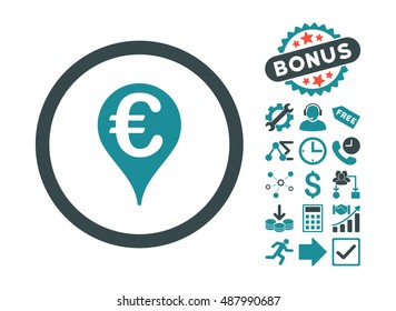 Euro Bank Map Pointer pictograph with bonus symbols. Vector illustration style is flat iconic bicolor symbols, soft blue colors, white background.