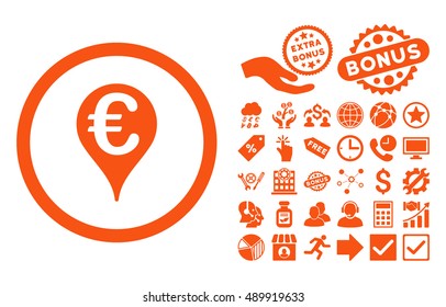 Euro Bank Map Pointer pictograph with bonus images. Vector illustration style is flat iconic symbols, orange color, white background.