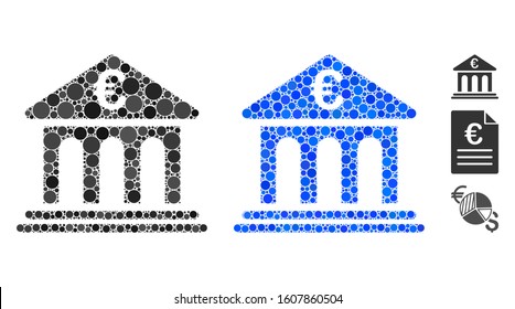 Euro bank mosaic of circle elements in different sizes and color hues, based on Euro bank icon. Vector circle elements are grouped into blue mosaic. Dotted Euro bank icon in usual and blue versions.