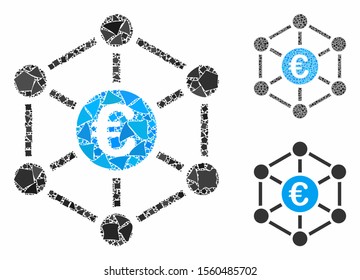 Euro bank network mosaic of rough parts in variable sizes and shades, based on Euro bank network icon. Vector raggy parts are grouped into mosaic. Euro bank network icons collage with dotted pattern.