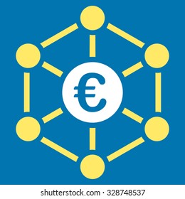 Euro Bank Network vector icon. Style is bicolor flat symbol, yellow and white colors, rounded angles, blue background.