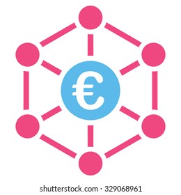 Euro Bank Network vector icon. Style is bicolor flat symbol, pink and blue colors, rounded angles, white background.