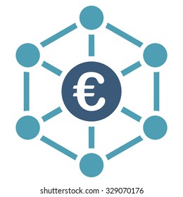 Euro Bank Network vector icon. Style is bicolor flat symbol, cyan and blue colors, rounded angles, white background.