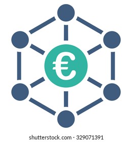 Euro Bank Network vector icon. Style is bicolor flat symbol, cobalt and cyan colors, rounded angles, white background.