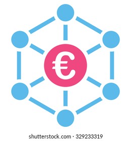 Euro Bank Network vector icon. Style is bicolor flat symbol, pink and blue colors, rounded angles, white background.