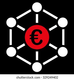 Euro Bank Network vector icon. Style is bicolor flat symbol, red and white colors, rounded angles, black background.