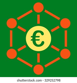 Euro Bank Network vector icon. Style is bicolor flat symbol, orange and yellow colors, rounded angles, green background.