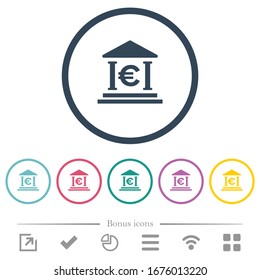 Euro bank office flat color icons in round outlines. 6 bonus icons included.