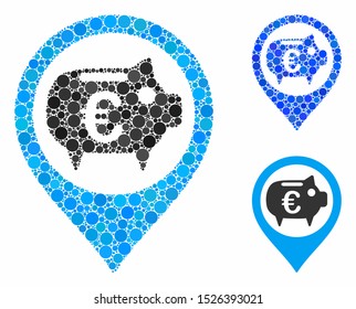 Euro bank pointer composition for Euro bank pointer icon of circle elements in variable sizes and shades. Vector circle elements are combined into blue collage.