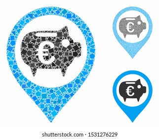 Euro bank pointer mosaic of humpy parts in different sizes and color tints, based on Euro bank pointer icon. Vector humpy parts are grouped into illustration.