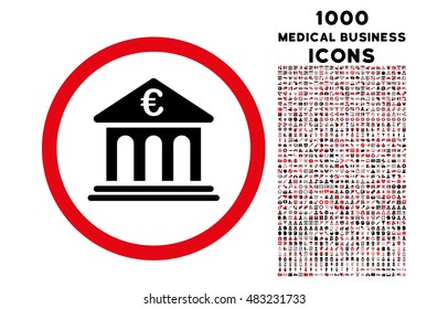 Euro Bank rounded vector bicolor icon with 1000 medical business icons. Set style is flat pictograms, intensive red and black colors, white background.