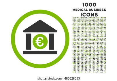 Euro Bank rounded vector bicolor icon with 1000 medical business icons. Set style is flat pictograms, eco green and gray colors, white background.