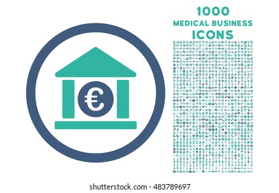 Euro Bank rounded vector bicolor icon with 1000 medical business icons. Set style is flat pictograms, cobalt and cyan colors, white background.