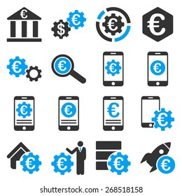 Euro bank service and business diagram icons. These symbols use modern corporate light blue and gray colors.