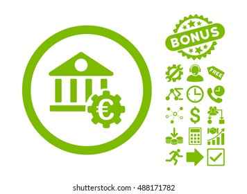 Euro Bank Settings pictograph with bonus design elements. Vector illustration style is flat iconic symbols, eco green color, white background.