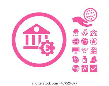 Euro Bank Settings pictograph with bonus pictograph collection. Vector illustration style is flat iconic symbols, pink color, white background.