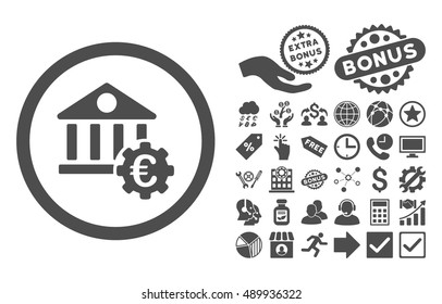 Euro Bank Settings pictograph with bonus icon set. Vector illustration style is flat iconic symbols, gray color, white background.