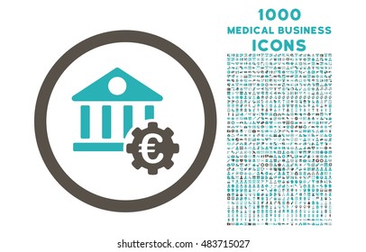 Euro Bank Settings rounded vector bicolor icon with 1000 medical business icons. Set style is flat pictograms, grey and cyan colors, white background.