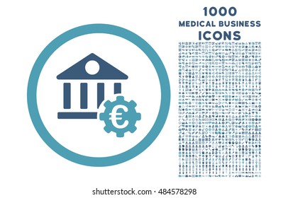 Euro Bank Settings rounded vector bicolor icon with 1000 medical business icons. Set style is flat pictograms, cyan and blue colors, white background.