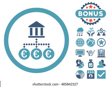 Euro Bank Transactions icon with bonus elements. Vector illustration style is flat iconic bicolor symbols, cyan and blue colors, white background.