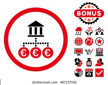 Euro Bank Transactions icon with bonus symbols. Vector illustration style is flat iconic bicolor symbols, intensive red and black colors, white background.