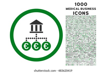 Euro Bank Transactions rounded vector bicolor icon with 1000 medical business icons. Set style is flat pictograms, green and gray colors, white background.