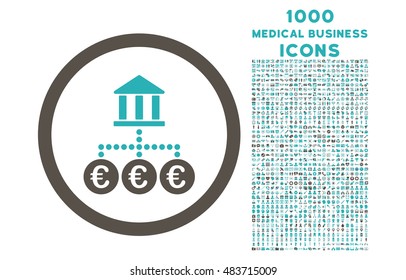Euro Bank Transactions rounded vector bicolor icon with 1000 medical business icons. Set style is flat pictograms, grey and cyan colors, white background.