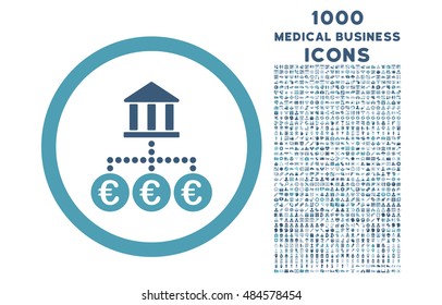 Euro Bank Transactions rounded vector bicolor icon with 1000 medical business icons. Set style is flat pictograms, cyan and blue colors, white background.