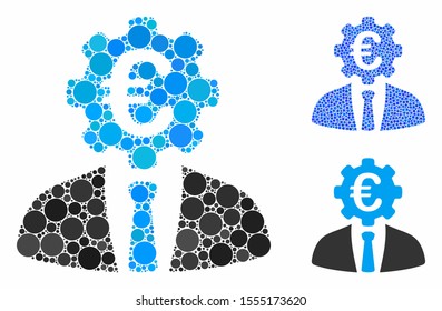 Euro banker composition of circle elements in variable sizes and color hues, based on Euro banker icon. Vector circle elements are composed into blue mosaic.