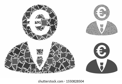 Euro banker composition of ragged elements in variable sizes and color tinges, based on Euro banker icon. Vector ragged elements are grouped into composition.