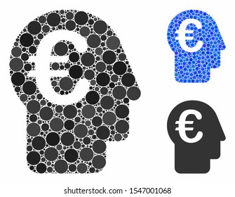 Euro banker composition of round dots in various sizes and color tones, based on euro banker icon. Vector dots are combined into blue mosaic. Dotted euro banker icon in usual and blue versions.