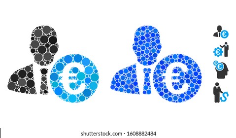 Euro banker composition of round dots in variable sizes and color tones, based on Euro banker icon. Vector random circles are organized into blue composition.