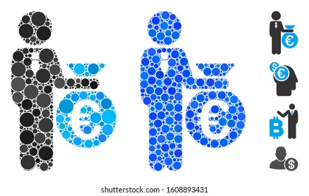 Euro banker composition of round dots in different sizes and color tints, based on Euro banker icon. Vector round elements are grouped into blue composition.