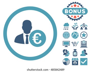 Euro Banker icon with bonus pictures. Vector illustration style is flat iconic bicolor symbols, cyan and blue colors, white background.