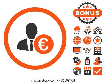 Euro Banker icon with bonus pictures. Vector illustration style is flat iconic bicolor symbols, orange and gray colors, white background.