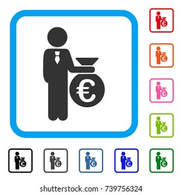 Euro Banker icon. Flat grey pictogram symbol in a light blue rounded rectangle. Black, gray, green, blue, red, orange color additional versions of Euro Banker vector.
