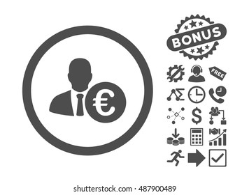 Euro Banker pictograph with bonus symbols. Vector illustration style is flat iconic symbols, gray color, white background.
