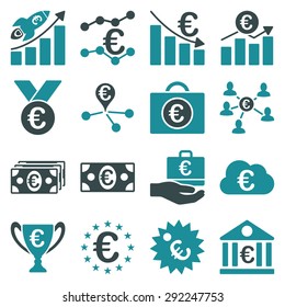 Euro banking business and service tools icons. These flat bicolor icons use soft blue. Images are isolated on a white background. Angles are rounded.