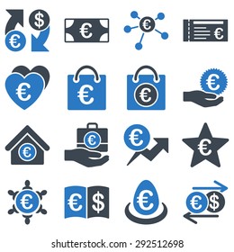 Euro banking business and service tools icons. These flat bicolor icons use smooth blue. Images are isolated on a white background. Angles are rounded.