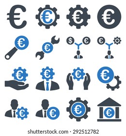 Euro banking business and service tools icons. These flat bicolor icons use smooth blue. Images are isolated on a white background. Angles are rounded.