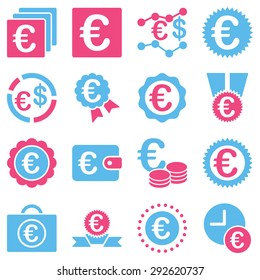 Euro banking business and service tools icons. These flat bicolor icons use pink and blue. Images are isolated on a white background. Angles are rounded.