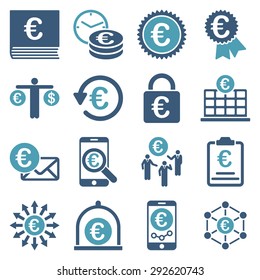 Euro banking business and service tools icons. These flat bicolor icons use cyan and blue. Images are isolated on a white background. Angles are rounded.