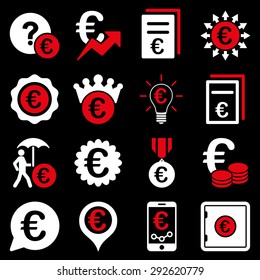 Euro banking business and service tools icons. These flat bicolor icons use red and white colors. Images are isolated on a black background. Angles are rounded.